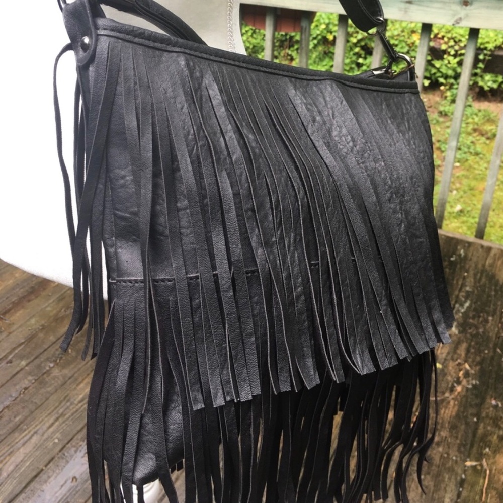 Boho Hippie Black Vegan Faux Leather Fringe Bag